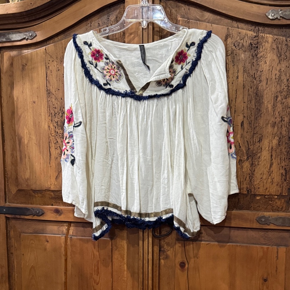 Cream Embroidered Peasant Tunic with Navy Trim